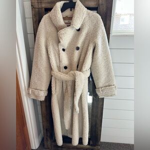 Mango MNG Casual Teddy Coat Belted Sherpa Jacket Cream Size Small